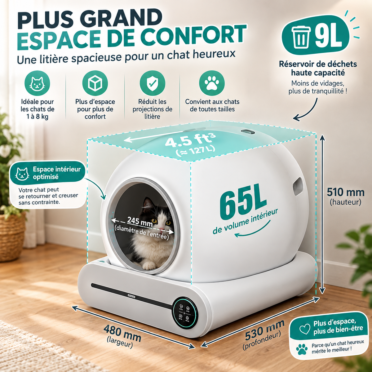 Litière pour chat autonettoyante XXL 65L Désodorisation ionique électrique