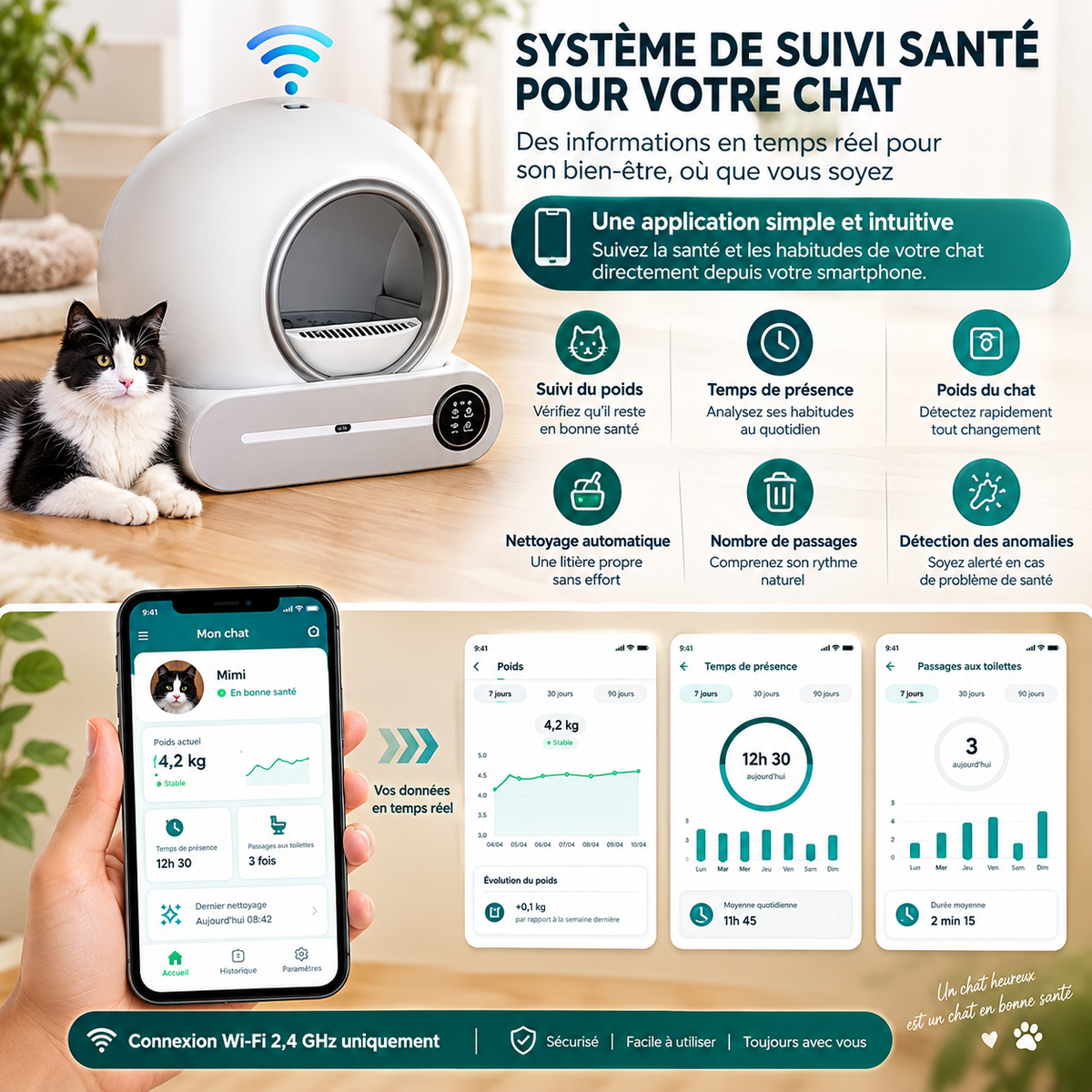 Litière pour chat autonettoyante XXL 65L Désodorisation ionique électrique