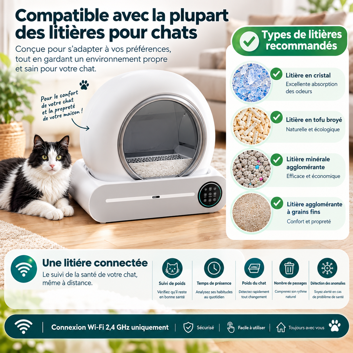 Litière pour chat autonettoyante XXL 65L Désodorisation ionique électrique